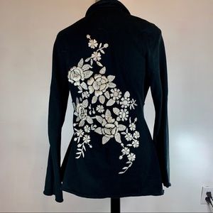 Black and White Floral Embroidered Wrap Cardigan